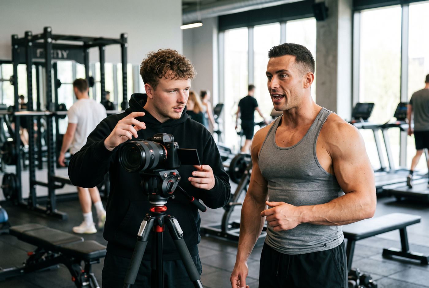 Nicholas hinter der Kamera beim Dreh mit einem Coach im Gym