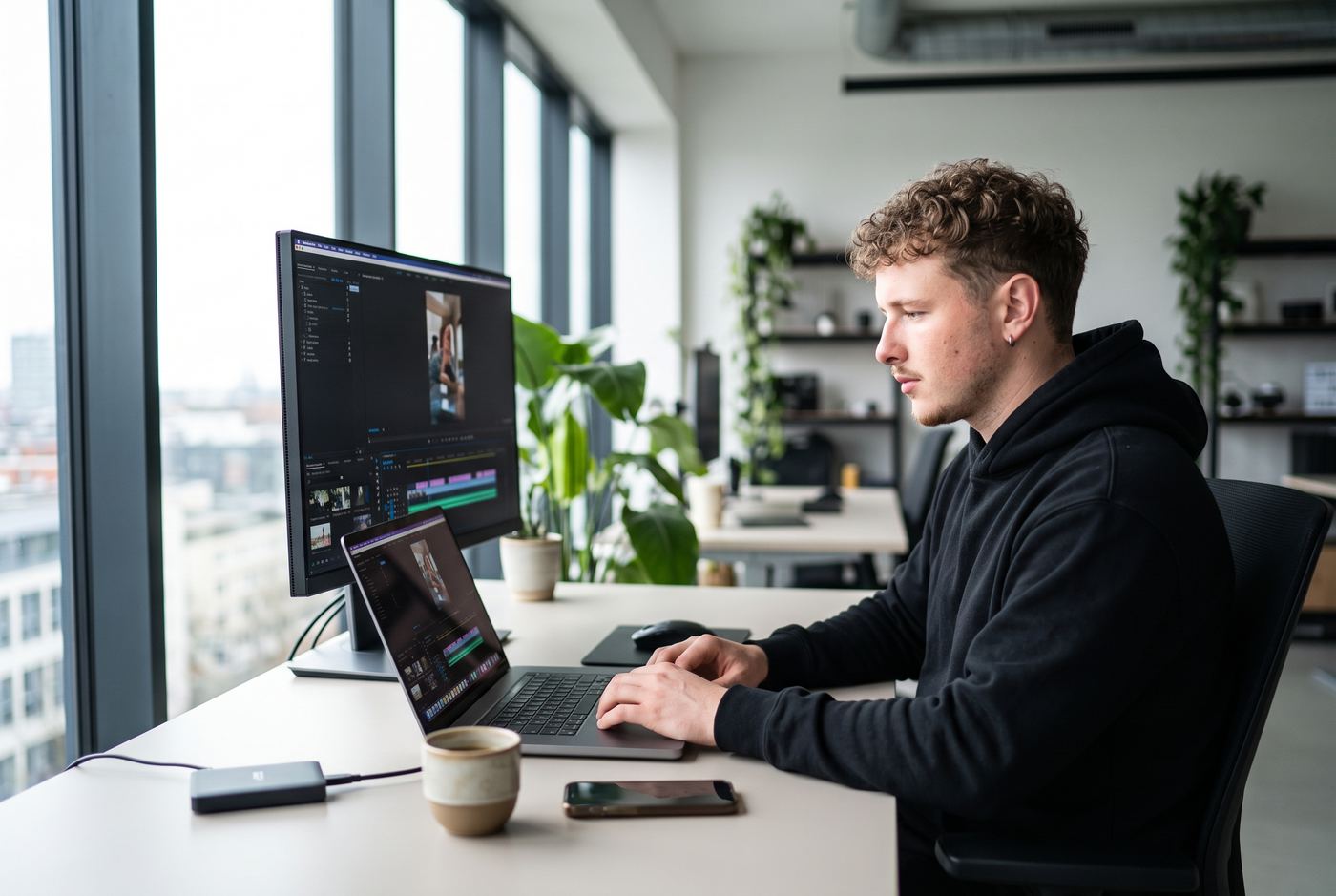 Nicholas am Schnittplatz mit Laptop und Monitor